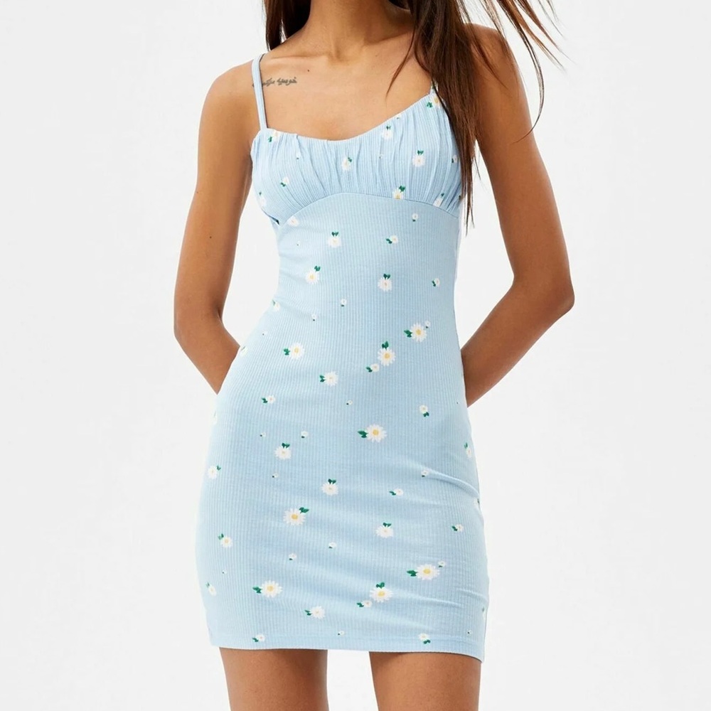 Light Blue Daisy Print Ribbed Mini Dress